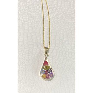 Vintage ATI 92 Mexico Lucite Dried Flower Pendant  Sterling Italy Chain Necklace